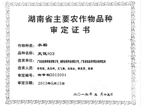 天優(yōu)103審定證書
